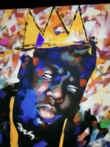 a colorful painting of a man wearing a crown and a necklace with the letter s on it