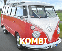 a red and white vw van with the word kombi on the front