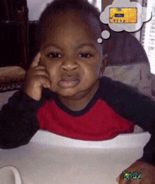 a baby sitting in a high chair with a thought bubble above his head that says riz