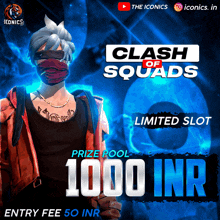 an advertisement for clash of squads shows a man wearing a mask