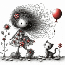 a black and white drawing of a girl and a cat with a red balloon