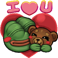 a frog laying on a teddy bear with the words i love you above it