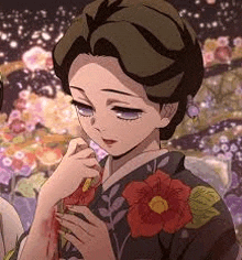 a woman in a kimono is holding a flower in her hand and a bloody wound on her arm .