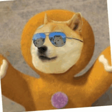 a doge wearing sunglasses and a gingerbread man costume