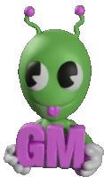 a green alien is holding a purple gm sign