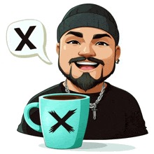 a cartoon of a man holding a cup of coffee with an x in a speech bubble above him