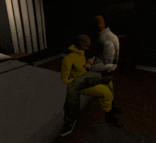 a man in a yellow jumpsuit is sitting on another man 's lap