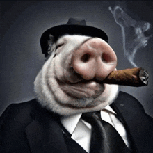 a pig wearing a suit and tie smoking a cigar