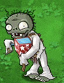 a zombie from plants vs zombies is holding a red and white box .