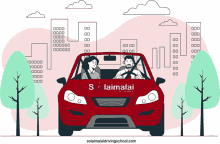 a man and a woman are driving a red car that says solaimalai on the side