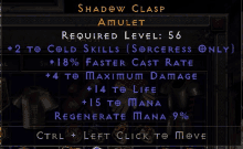 a screenshot of a shadow clasp amulet that requires level 56