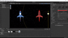 a computer screen shows a blue rocket and a red rocket in space