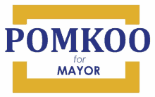 a logo for pomkoo for mayor in blue letters