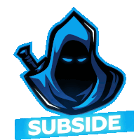 a blue and black logo with the word subside on it