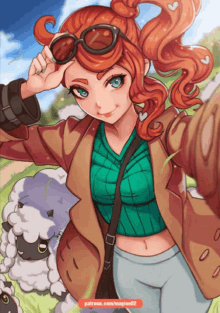 a cartoon of a girl taking a selfie with a sheep and the words patreon.com on the bottom right