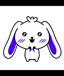 a white rabbit with blue ears is smiling and looking up