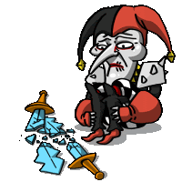 a cartoon of a jester with a broken sword in front of him