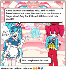 a cartoon advertisement for miku and teto dolls at romantic sugar