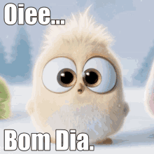 a cartoon owl with big eyes and the words bom dia