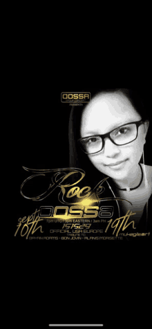 a black and white photo of a woman with glasses and the words rossa