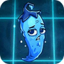 a blue cartoon character with a sad face is sitting on a blue tile floor .