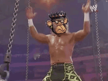 a shirtless wrestler with a monkey mask on his face is hanging from chains .