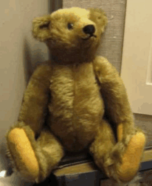 a teddy bear is sitting on top of a book on a table