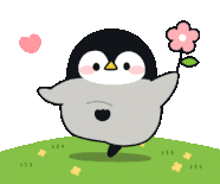 a pixel art of a penguin holding a flower with a heart in the background