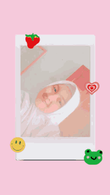 a girl in a white hijab is surrounded by stickers including a smiley face and a heart