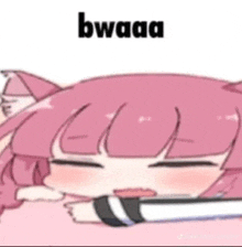 a cartoon of a girl with pink hair and cat ears sleeping on a bed .