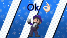 a blue background with a cartoon character and the word ok on it