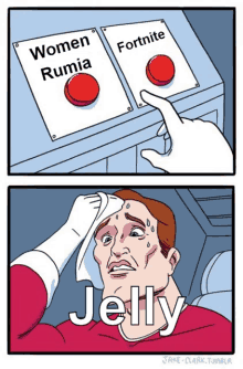 a cartoon of a man pressing a button that says women rumia and fortnite