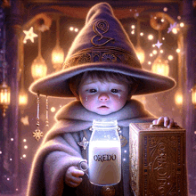 a little boy in a wizard hat holds a jar of oredo milk