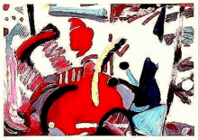 a colorful painting of a person riding a motorcycle with a steering wheel .