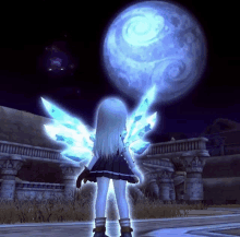 a girl with wings is standing in front of a blue moon