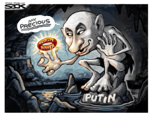 a cartoon of putin holding a ring that says my precious absolute power