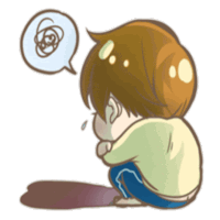 a cartoon of a boy with a speech bubble with a swirl in it