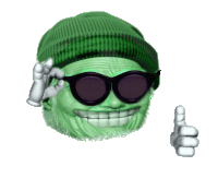 a green face wearing sunglasses and a green beanie giving a thumbs up