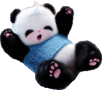 a panda bear wearing a blue sweater is laying on its back with its mouth open