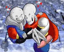 a drawing of two skeletons holding each other in the snow with hearts in the background