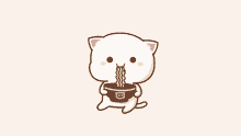 a cartoon cat eating noodles from a red bowl