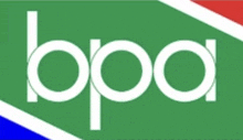 a green and white bpa logo with a red white and blue background