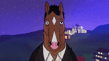 a cartoon of a horse wearing a suit with a city in the background