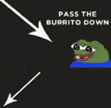 a picture of a frog with an arrow pointing to it that says `` pass the burrito down ''