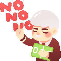 a cartoon drawing of an older man holding a sign that says ' no ' on it