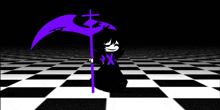 a person holding a purple scythe with a cross on top