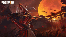 a samurai holding a sword in front of a full moon with free fire written on the bottom right