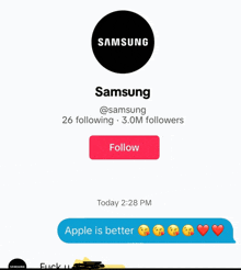 a screenshot of a samsung advertisement with a follow button