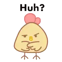 a cartoon chicken with an angry look on its face and the words huh below it