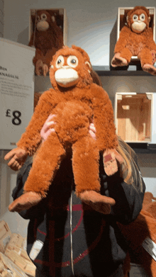 a woman is holding a stuffed monkey in front of a sign that says box anagglig for 8 pounds